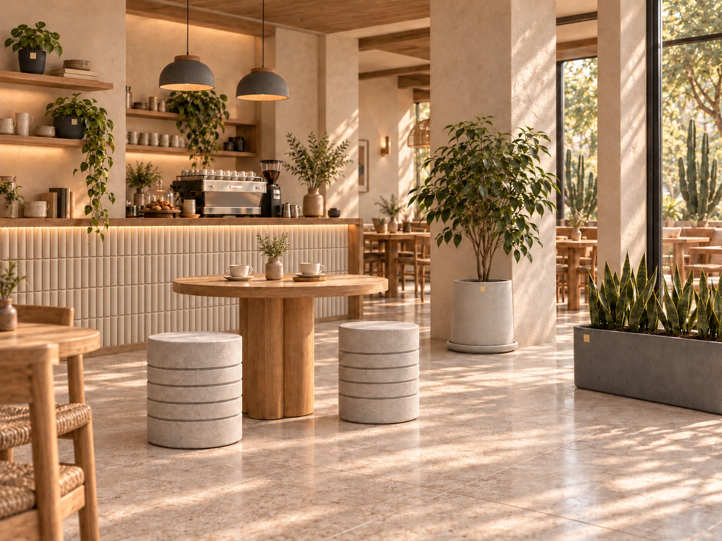 Render de cafetería con plantas, macetas, bancos Tamo, lámparas Domo y tiles Duna de Quina