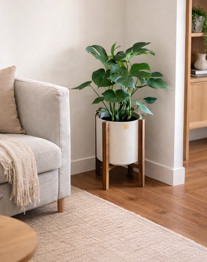 Monstera en maceta de concreto sobre base de madera