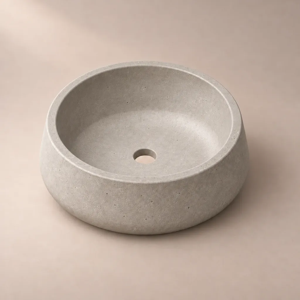 Render de Lavabo Cráter en perspectiva sobre fondo beige cálido