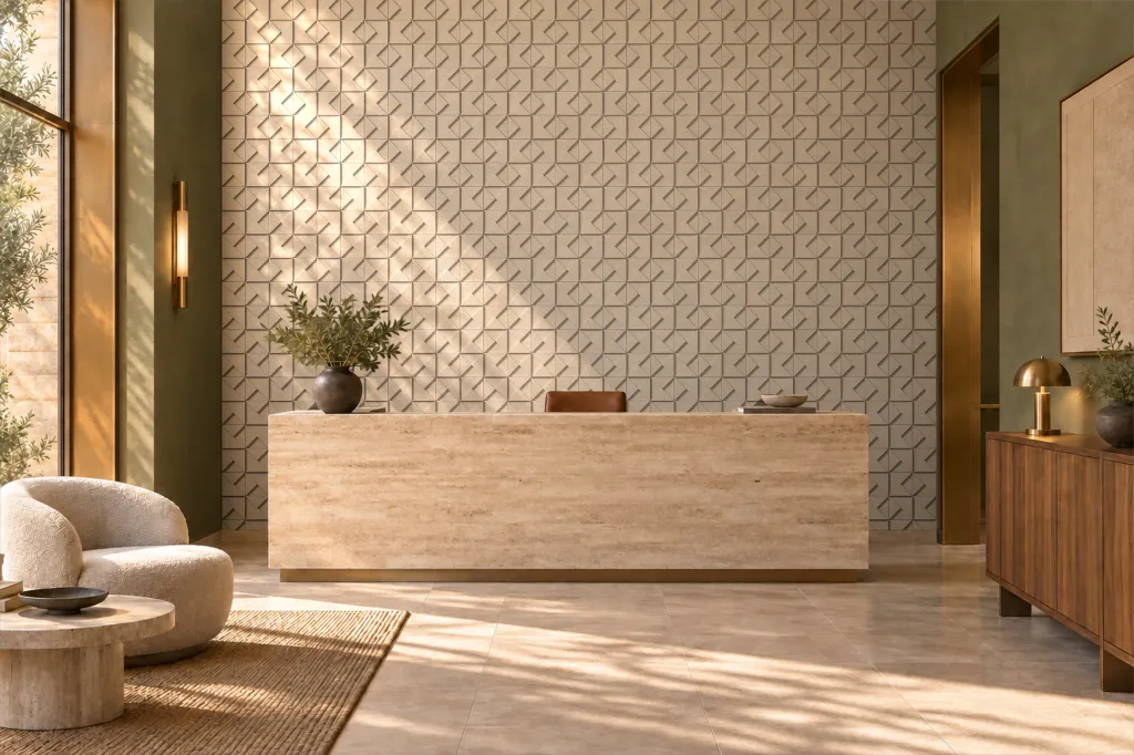 Mosaico Prisma · Lobby · Render ambientado