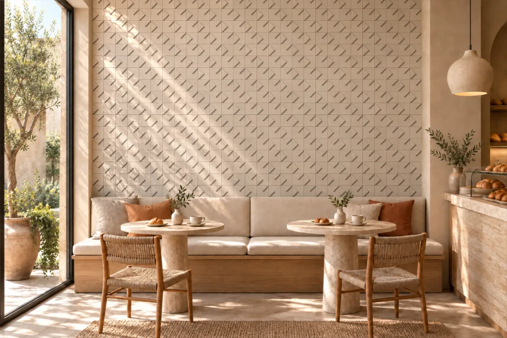 Mosaico Delta · Cafetería · Render ambientado